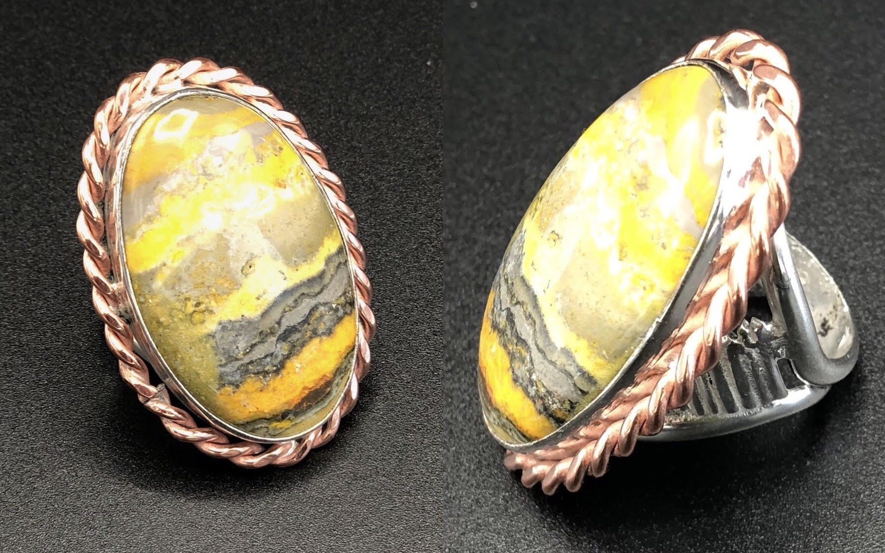 Twisted Cooper Bumble Bee Jasper Ring set in Sterling Silver